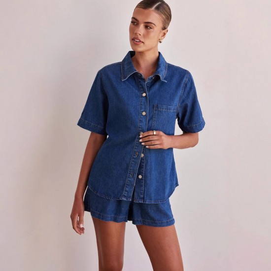 Casual style 2025 summer new cross-border foreign trade washed retro solid color short-sleeved shirt and shorts denim suit for women Casual style 2025 summer new cross-border foreign trade washed retro solid color short-sleeved shirt and shorts denim suit for women