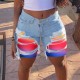 2025 spring and summer new European and American cross-border patchwork denim shorts for women, stylish streetwear ripped straight-leg mid-length pants in stock