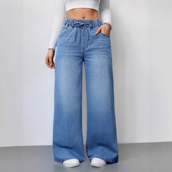 Cross-border washed solid color high-waisted wide-leg pants, 2025 new elastic waist women's jeans, loose and revealing Women's Skinny Pants Cross-border washed solid color high-waisted wide-leg pants, 2025 new elastic waist women's jeans, loose and revealing Women's Skinny Pants