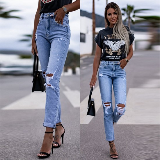2025 Spring Amazon Factory-Shop European and American Stretch Ripped Women's Straight-Leg Skinny Hip-Lifting Fashion Jeans 2025 Spring Amazon Factory-Shop European and American Stretch Ripped Women's Straight-Leg Skinny Hip-Lifting Fashion Jeans