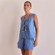 Independent cross-border European and American style summer fashion casual sleeveless tie-down high-waisted women's vest denim shorts set Independent cross-border European and American style summer fashion casual sleeveless tie-down high-waisted women's vest denim shorts set