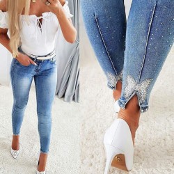 Amazon Cross-Border New Slimming High-Waisted Diamond Bow Jeans for Women: Elastic Fit Skinny Pants Amazon Cross-Border New Slimming High-Waisted Diamond Bow Jeans for Women: Elastic Fit Skinny Pants