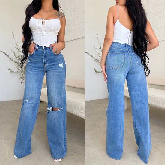 Factory direct sale on Amazon, women's long high-waisted jeans, ripped, raw-edge, popular European and American style, comfortable wide-leg pants.
