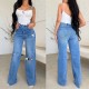 Factory direct sale on Amazon, women's long high-waisted jeans, ripped, raw-edge, popular European and American style, comfortable wide-leg pants.