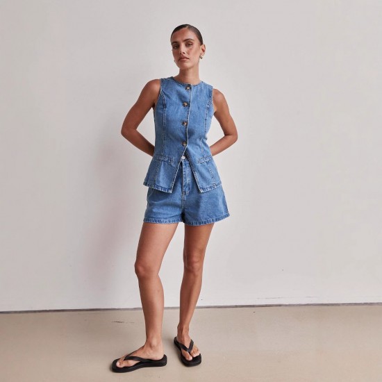 2025 spring and summer new Amazon independent European and American fashion sleeveless waisted high-waisted loose denim shorts set 2025 spring and summer new Amazon independent European and American fashion sleeveless waisted high-waisted loose denim shorts set