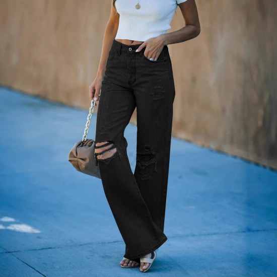 European and American Cross-Border 2025 Spring/Autumn New High-Waisted Slimming Ripped Straight-Leg Jeans for Women: In Stock European and American Cross-Border 2025 Spring/Autumn New High-Waisted Slimming Ripped Straight-Leg Jeans for Women: In Stock