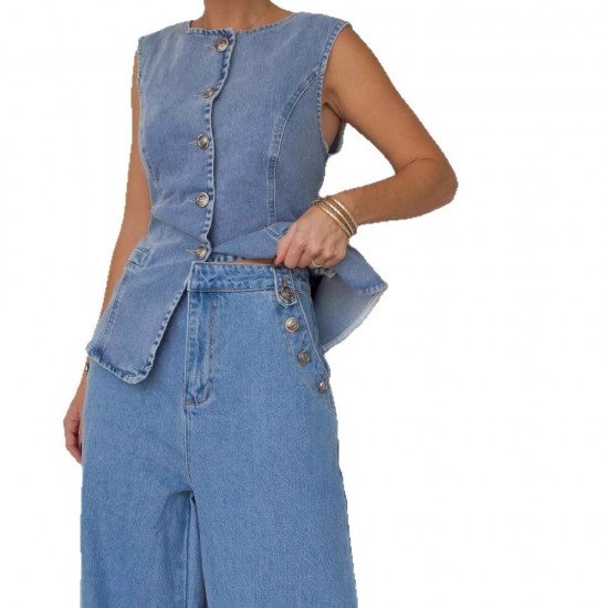 2025 fashionable washed sleeveless vest and trousers set, high-waisted, slimming, wide-leg denim trousers for women. 2025 fashionable washed sleeveless vest and trousers set, high-waisted, slimming, wide-leg denim trousers for women.