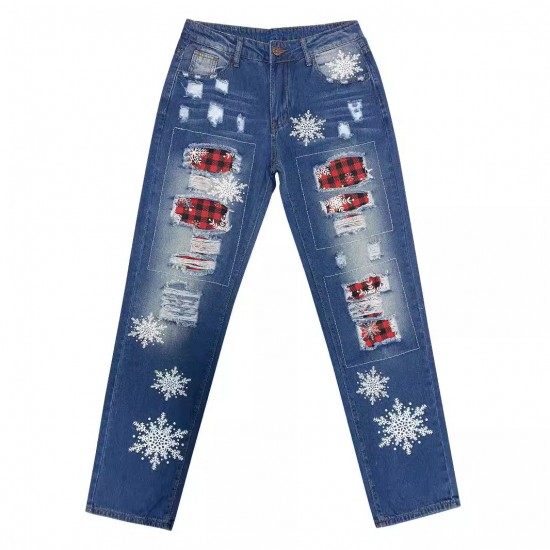 2025 European and American cross-border straight jeans for women, Christmas snowflake print patchwork ripped denim pants in stock 2025 European and American cross-border straight jeans for women, Christmas snowflake print patchwork ripped denim pants in stock