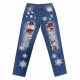 2025 European and American cross-border straight jeans for women, Christmas snowflake print patchwork ripped denim pants in stock 2025 European and American cross-border straight jeans for women, Christmas snowflake print patchwork ripped denim pants in stock