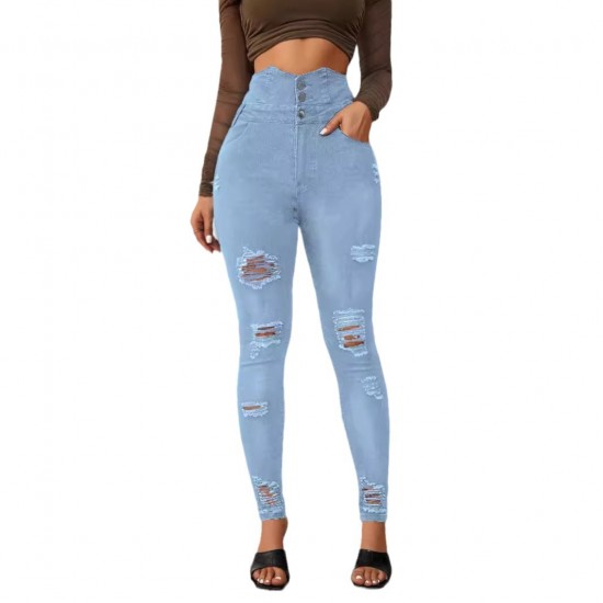 2025 New European and American Cross-Border Super High-Waisted Ripped Jeans: Tight-Leg Slimming Skinny Pants for Women 2025 New European and American Cross-Border Super High-Waisted Ripped Jeans: Tight-Leg Slimming Skinny Pants for Women