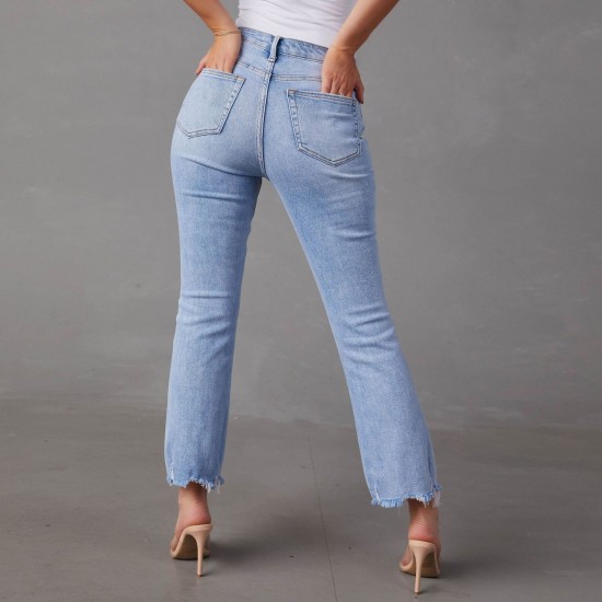 2025 European and American new cross-border foreign trade stretch straight-leg jeans for women, stylish commuter-friendly ripped washed trousers 2025 European and American new cross-border foreign trade stretch straight-leg jeans for women, stylish commuter-friendly ripped washed trousers