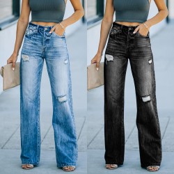 Factory direct sales of fashionable, washed jeans for women, in stock, for foreign trade wholesale. Ripped slim-fitting wide-leg denim trousers Factory direct sales of fashionable, washed jeans for women, in stock, for foreign trade wholesale. Ripped slim-fitting wide-leg denim trousers