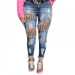 Factory direct sales: European and American ripped women's jeans, personalized leopard print, high-waisted Women's Pants Factory direct sales: European and American ripped women's jeans, personalized leopard print, high-waisted Women's Pants