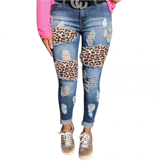 Factory direct sales: European and American ripped women's jeans, personalized leopard print, high-waisted Women's Pants Factory direct sales: European and American ripped women's jeans, personalized leopard print, high-waisted Women's Pants