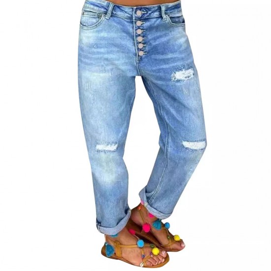 2025 European and American Cross-Border New Blue Ripped Jeans for Women, Loose Straight-Leg Casual Pants, In Stock