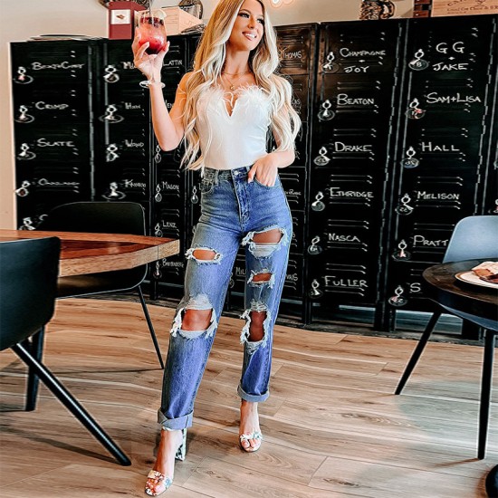 Factory Direct American Straight-Leg Women's Jeans High-Waisted Slimming 2022 New European Imported Foreign Trade Ripped Jeans Factory Direct American Straight-Leg Women's Jeans High-Waisted Slimming 2022 New European Imported Foreign Trade Ripped Jeans