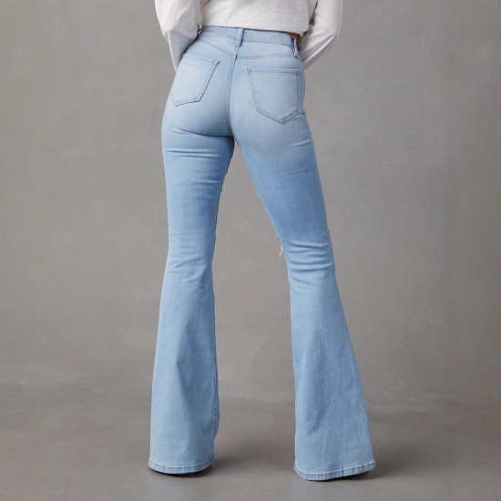 Factory direct sales of 2025 new cross-border European and American high-waisted, ripped jeans for women, street style, flared pants. Factory direct sales of 2025 new cross-border European and American high-waisted, ripped jeans for women, street style, flared pants.