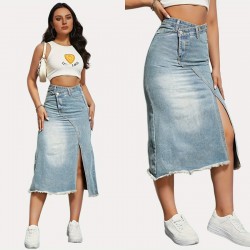 New Spring/Summer New Cross-Border American Retro Denim Skirt for Women, Fashionable Slit-Spliced Midi A-Line Skirt New Spring/Summer New Cross-Border American Retro Denim Skirt for Women, Fashionable Slit-Spliced Midi A-Line Skirt