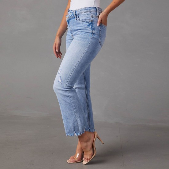 2025 European and American new cross-border foreign trade stretch straight-leg jeans for women, stylish commuter-friendly ripped washed trousers 2025 European and American new cross-border foreign trade stretch straight-leg jeans for women, stylish commuter-friendly ripped washed trousers
