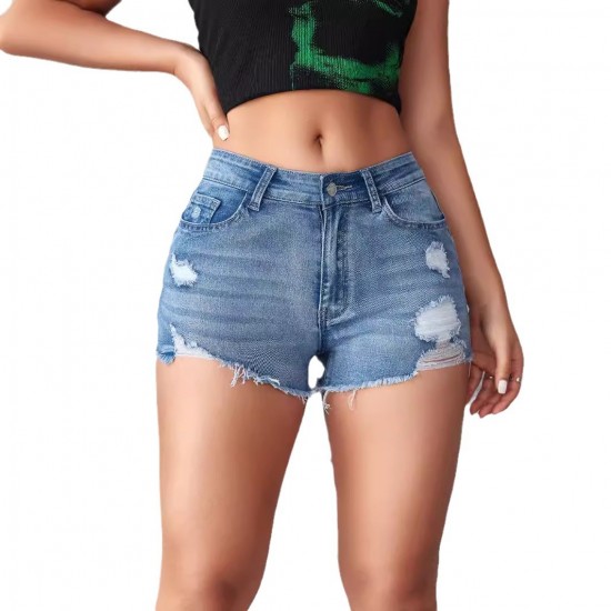 Amazon European and American Cross-border Ripped Denim Shorts for Women, High-waisted, Slim Fit, Streetwear, Raw-edge Shorts, In Stock Amazon European and American Cross-border Ripped Denim Shorts for Women, High-waisted, Slim Fit, Streetwear, Raw-edge Shorts, In Stock