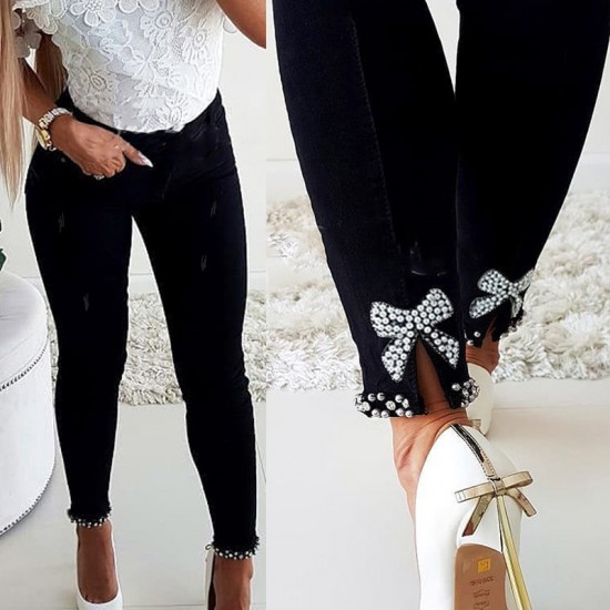 Factory direct cross-border European and American slim-fit jeans for women, butterfly-embellished, beaded slit skinny pencil pants Factory direct cross-border European and American slim-fit jeans for women, butterfly-embellished, beaded slit skinny pencil pants