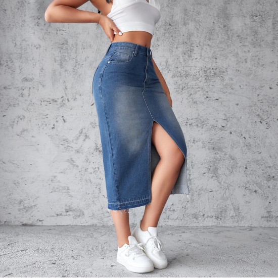 In-Stock Factory Direct European and American Cross-Border Blue Denim Skirts for Women, Slit, Hip-Wrapping, A-Line, Slimming Long Skirts In-Stock Factory Direct European and American Cross-Border Blue Denim Skirts for Women, Slit, Hip-Wrapping, A-Line, Slimming Long Skirts