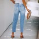2025 summer stylish, simple European and American ripped, slim-fitting washed denim pants for women