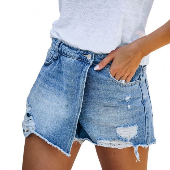 2025 new European and American summer casual elegant washed ripped skirt, light blue women's denim shorts