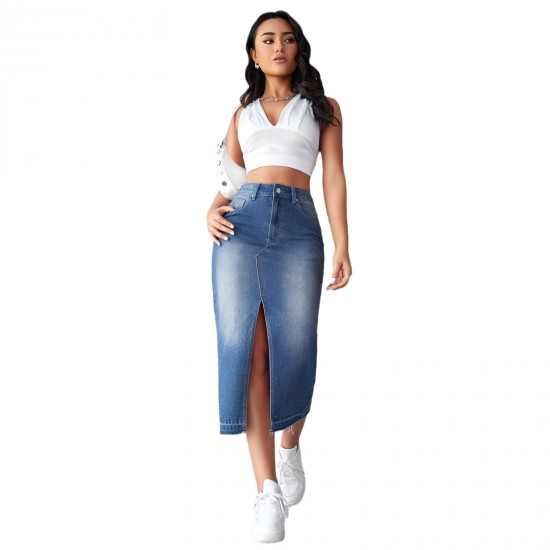 In-Stock Factory Direct European and American Cross-Border Blue Denim Skirts for Women, Slit, Hip-Wrapping, A-Line, Slimming Long Skirts In-Stock Factory Direct European and American Cross-Border Blue Denim Skirts for Women, Slit, Hip-Wrapping, A-Line, Slimming Long Skirts