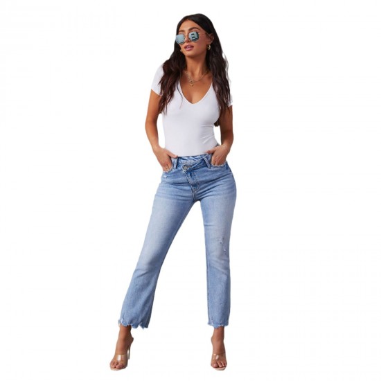 2025 European and American new cross-border foreign trade stretch straight-leg jeans for women, stylish commuter-friendly ripped washed trousers 2025 European and American new cross-border foreign trade stretch straight-leg jeans for women, stylish commuter-friendly ripped washed trousers