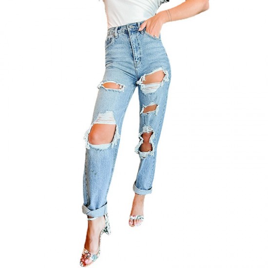 Factory Direct American Straight-Leg Women's Jeans High-Waisted Slimming 2022 New European Imported Foreign Trade Ripped Jeans Factory Direct American Straight-Leg Women's Jeans High-Waisted Slimming 2022 New European Imported Foreign Trade Ripped Jeans