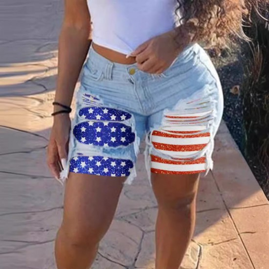 2025 spring and summer new European and American cross-border patchwork denim shorts for women, stylish streetwear ripped straight-leg mid-length pants in stock