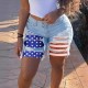 2025 spring and summer new European and American cross-border patchwork denim shorts for women, stylish streetwear ripped straight-leg mid-length pants in stock