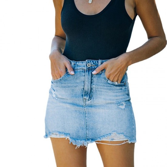 Factory direct sales: 2023 European and American hip-hugging denim skirt, cross-border comfortable and casual ripped A-line skirt with raw edges