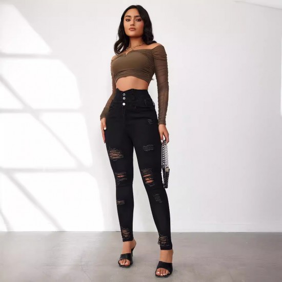 2025 New European and American Cross-Border Super High-Waisted Ripped Jeans: Tight-Leg Slimming Skinny Pants for Women 2025 New European and American Cross-Border Super High-Waisted Ripped Jeans: Tight-Leg Slimming Skinny Pants for Women