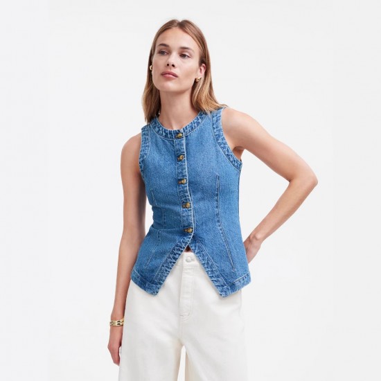 2025 summer new European and American cross-border trade sleeveless slim-fit denim vest for women, round-neck waistcoat 2025 summer new European and American cross-border trade sleeveless slim-fit denim vest for women, round-neck waistcoat