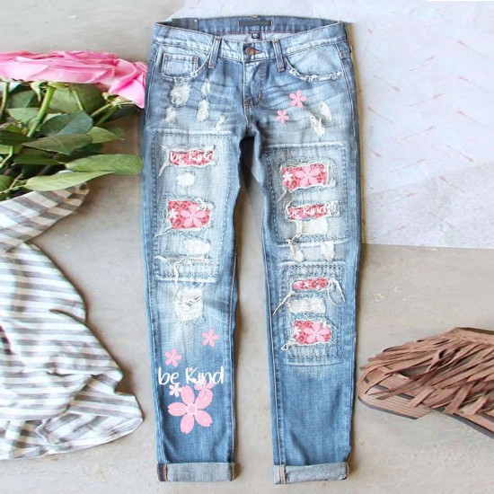 Amazon AliExpress Hot-Selling European and American Women's Jeans Ripped Printed Patch Mid-Rise Straight-Leg Pants In Stock