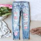 Amazon AliExpress Hot-Selling European and American Women's Jeans Ripped Printed Patch Mid-Rise Straight-Leg Pants In Stock