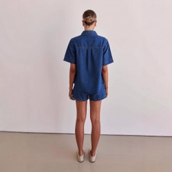 Casual style 2025 summer new cross-border foreign trade washed retro solid color short-sleeved shirt and shorts denim suit for women Casual style 2025 summer new cross-border foreign trade washed retro solid color short-sleeved shirt and shorts denim suit for women