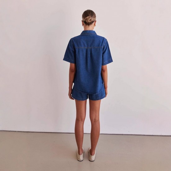 Casual style 2025 summer new cross-border foreign trade washed retro solid color short-sleeved shirt and shorts denim suit for women Casual style 2025 summer new cross-border foreign trade washed retro solid color short-sleeved shirt and shorts denim suit for women