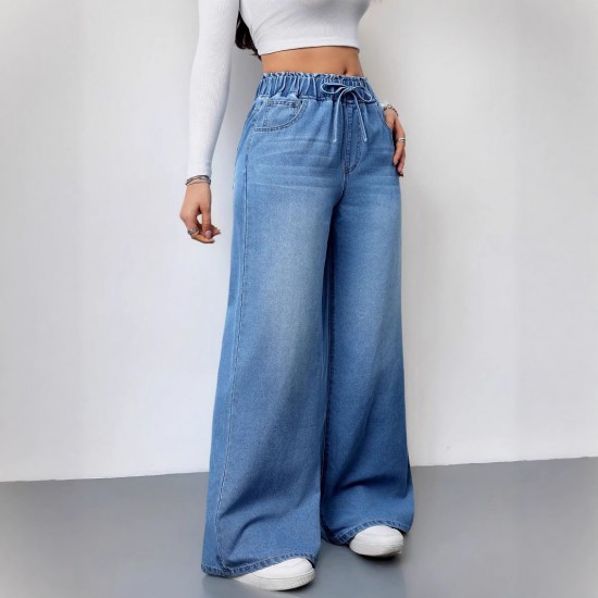 Cross-border washed solid color high-waisted wide-leg pants, 2025 new elastic waist women's jeans, loose and revealing Women's Skinny Pants Cross-border washed solid color high-waisted wide-leg pants, 2025 new elastic waist women's jeans, loose and revealing Women's Skinny Pants