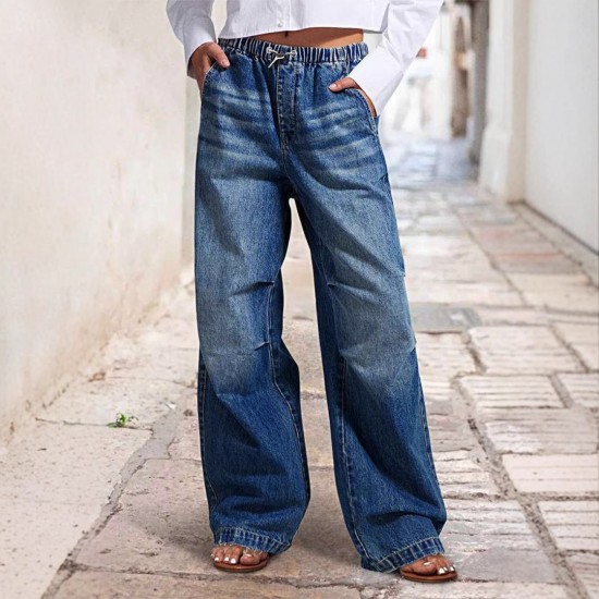 2025 spring new European and American cross-border mid-waisted wide-leg pleated loose jeans for women, street retro straight-leg pants 2025 spring new European and American cross-border mid-waisted wide-leg pleated loose jeans for women, street retro straight-leg pants