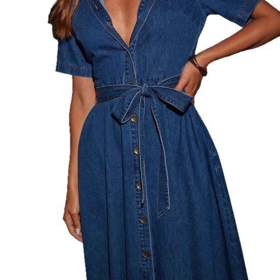 2025 New Cross-Border Retro V-Neck Tie-Drape Denim Dress, Fashionable French Elegant Dress for Women