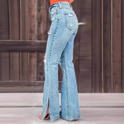 Factory direct sales of 2025 new cross-border European and American women's jeans, high-waisted, ripped, slightly flared, slit pants Factory direct sales of 2025 new cross-border European and American women's jeans, high-waisted, ripped, slightly flared, slit pants