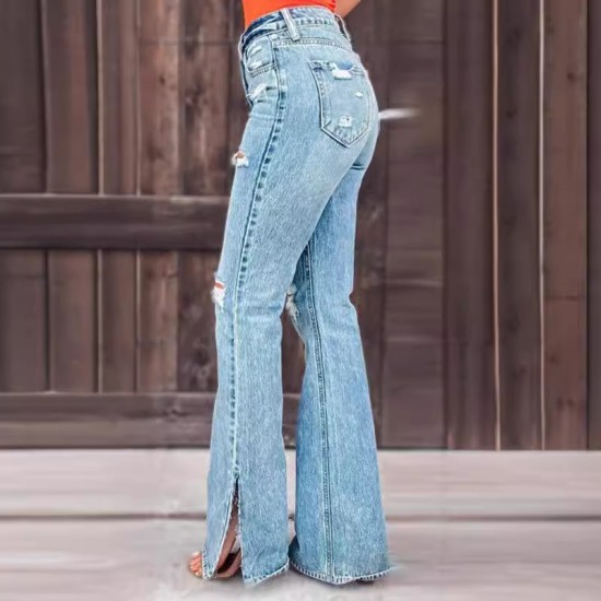Factory direct sales of 2025 new cross-border European and American women's jeans, high-waisted, ripped, slightly flared, slit pants Factory direct sales of 2025 new cross-border European and American women's jeans, high-waisted, ripped, slightly flared, slit pants