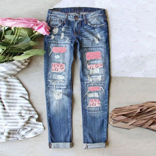 2025 factory direct sales, in stock 5. New Spring Women's Ripped Jeans, Best-Selling Printed Patchwork Casual Pants on AliExpress Amazon