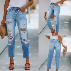 2025 summer stylish, simple European and American ripped, slim-fitting washed denim pants for women 2025 summer stylish, simple European and American ripped, slim-fitting washed denim pants for women
