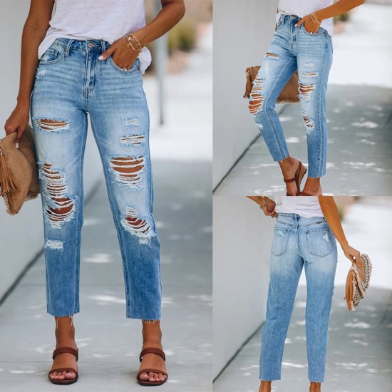 2025 summer stylish, simple European and American ripped, slim-fitting washed denim pants for women