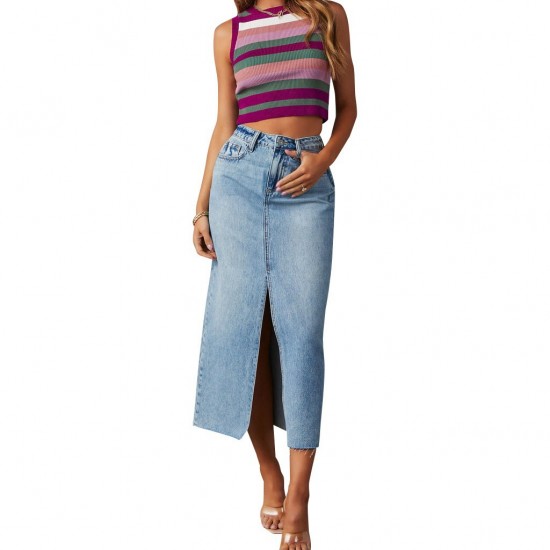 Amazon cross-border 2025 new slit denim skirt for women, high-waisted, washed American-style A-line midi skirt