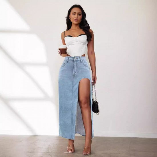 Factory direct sales: European and American cross-border high-slit denim skirt for women, 2025 spring and summer new washed solid color midi skirt Factory direct sales: European and American cross-border high-slit denim skirt for women, 2025 spring and summer new washed solid color midi skirt